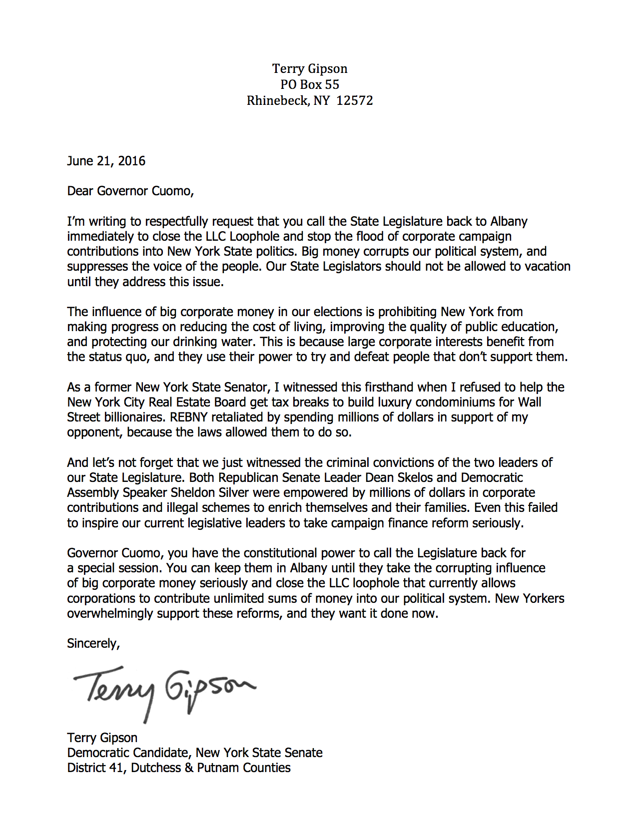 Senator Gipson Sends Letter to Governor: Ethics Reform Now! -